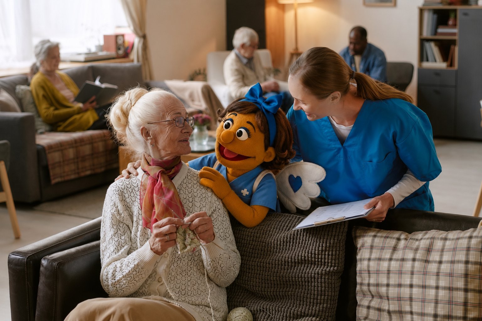 Caregiver in blue scrubs shows a puppet to an elderly woman wearing glasses in a living room setting with other residents in background.