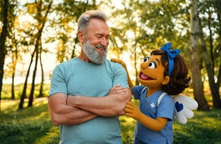 Senior man with arms crossed posing with a child character puppet in a park with trees in background