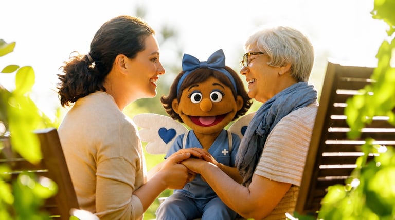 A woman and elderly man smile while holding a cheerful puppet character with a blue bow and expressive face outdoors among green foliage.