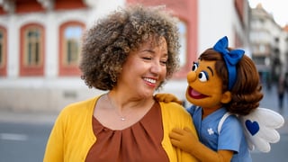 Woman with curly gray hair smiling while holding a blue puppet character outdoors