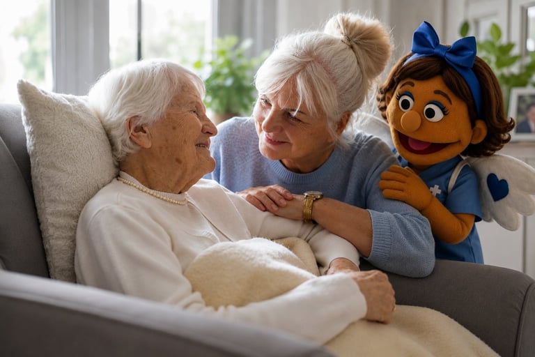 Elderly couple sitting on couch with blue puppet character, bright sunlit living room with plants in background