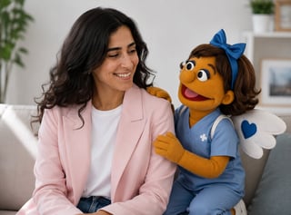 Woman in pink blazer smiling with a muppet character wearing blue dress and bow on couch