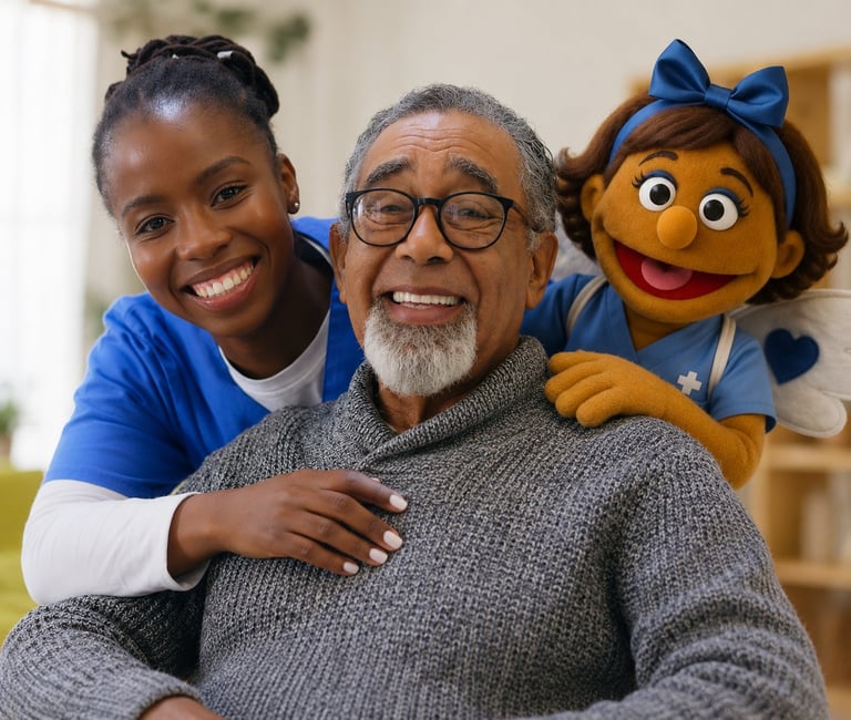 An older man wearing glasses and a gray sweater smiles with a young girl in a blue shirt and an orange puppet character with a blue bow