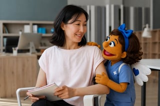 Woman reading a tablet with a stuffed puppet doll wearing a blue bow and dress beside her in an office setting