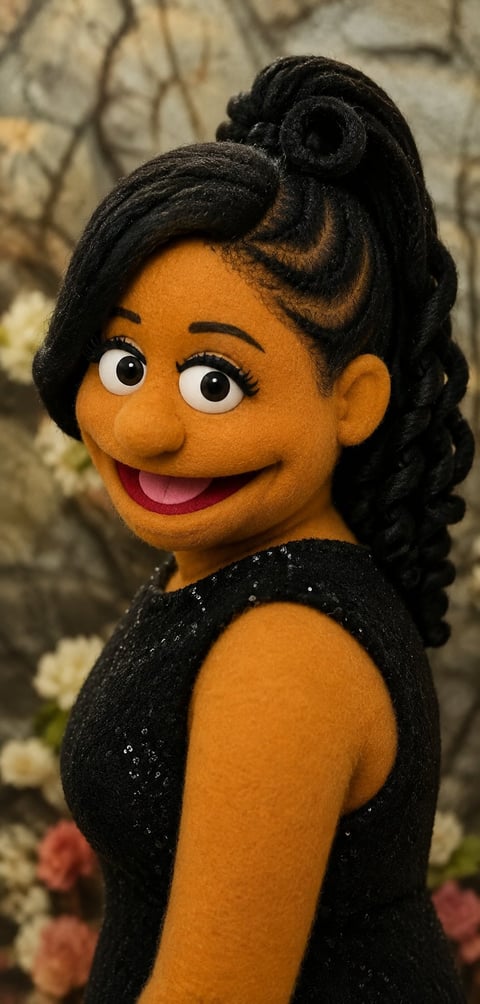 Animated character puppet with orange skin, black curled hair, and black sparkly dress, smiling at camera against textured background