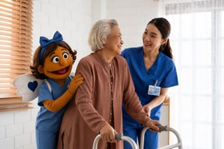 Healthcare worker and puppet character assisting elderly woman with walker in bright medical clinic room