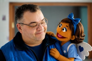 Man wearing glasses and blue vest posing with a brown puppet character wearing a blue bow and dress