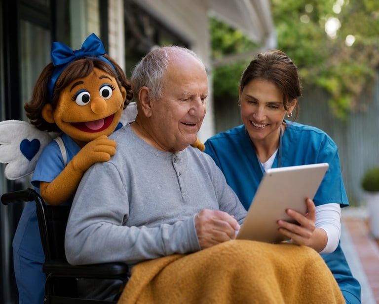 Senior man with healthcare worker and puppet character looking at tablet together outdoors