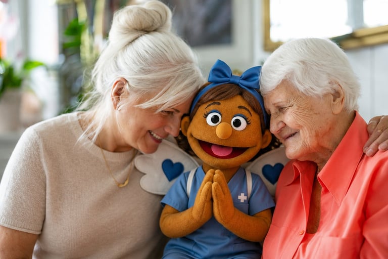Two senior adults smiling with a cheerful puppet character wearing a blue dress and bow in between them