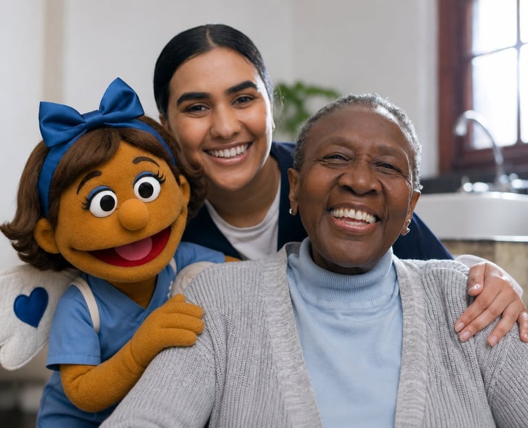 Woman and elderly man smiling together while holding a yellow puppet with blue features and bow